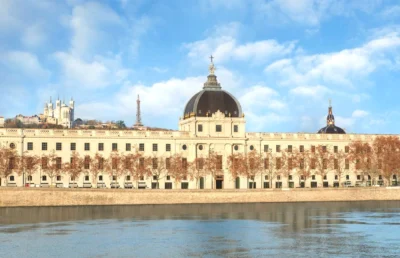 Grand bâtiment à côté d'un plan d'eau dans InterContinental Lyon Hotel Dieu by IHG